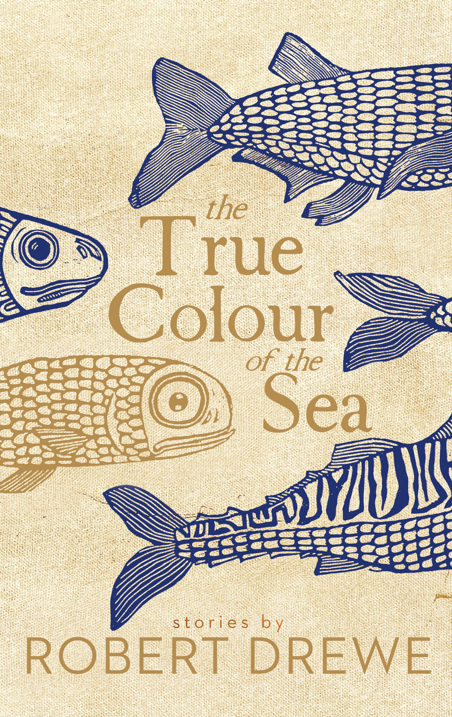 the book's cover, showing blue and gold illustrations of fish