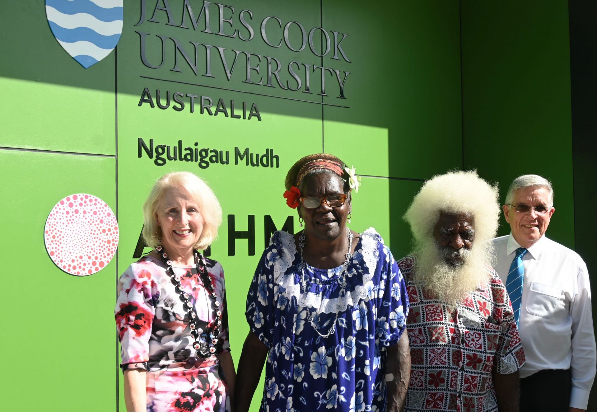 JCU Vice Chancellor and President Professor Sandra Harding AO, Betty Te Kahika Mabo, Salia Savage (Kaurareg Elder) and Chancellor Mr Bill Tweddell at the unveiling of JCU Thursday Island's indigenous name. 