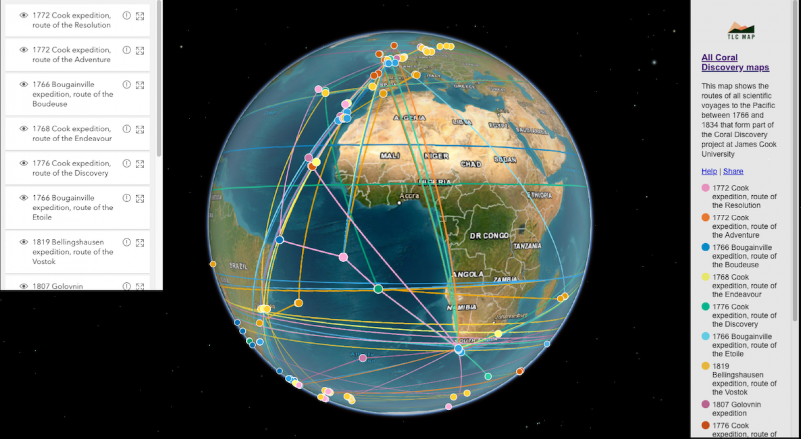 The time-layered online mapping tool is an open access archive comprised Russian, French, Dutch, Spanish and British voyages.