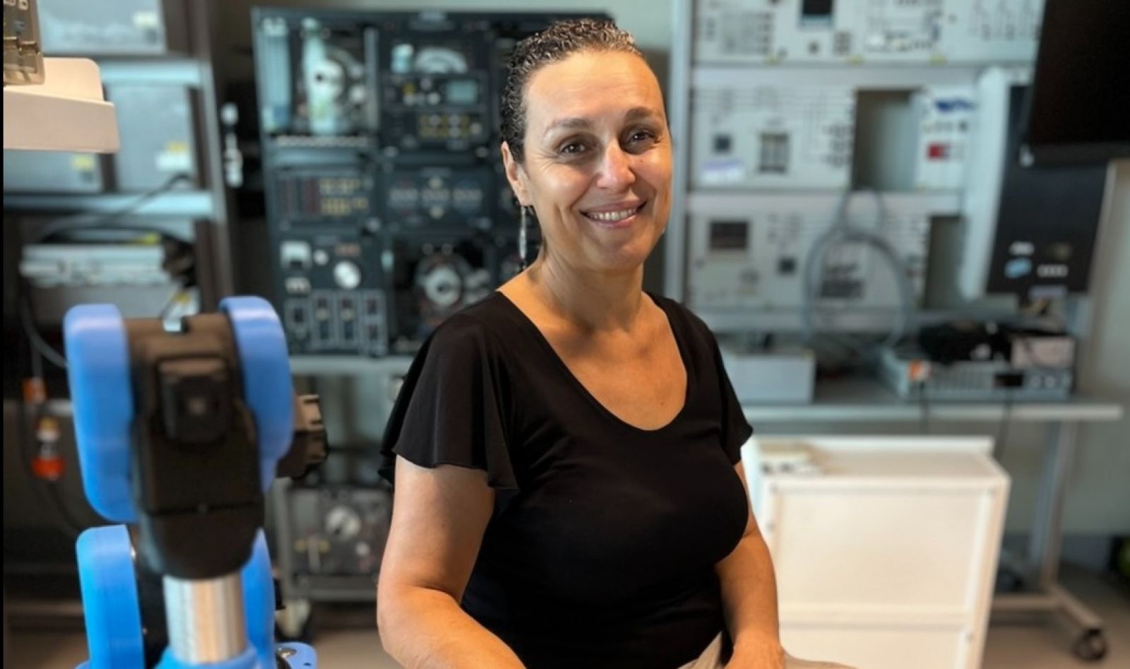 JCU Head of Engineering Professor Bouchra Senadji sits in one of the labs at the new Engineering and Innovation Precinct