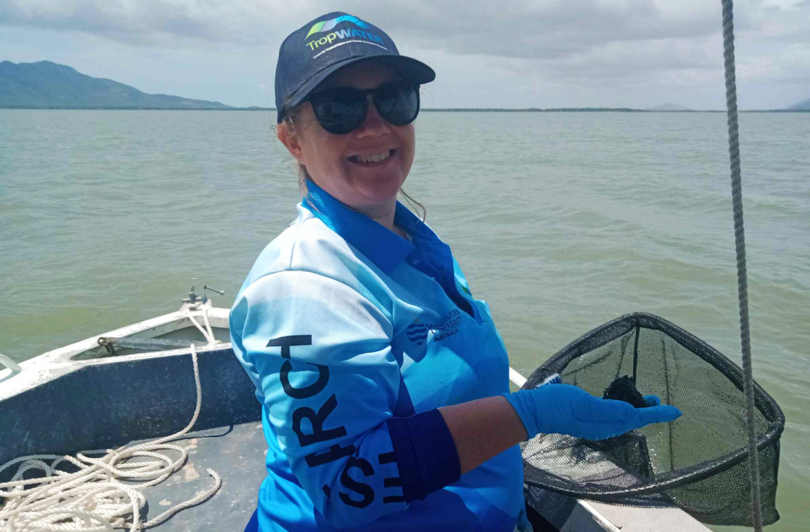 JCU TropWATER's Dr Samantha Tol collects dugong faeces in Cleveland Bay off Townsville, North Queensland.