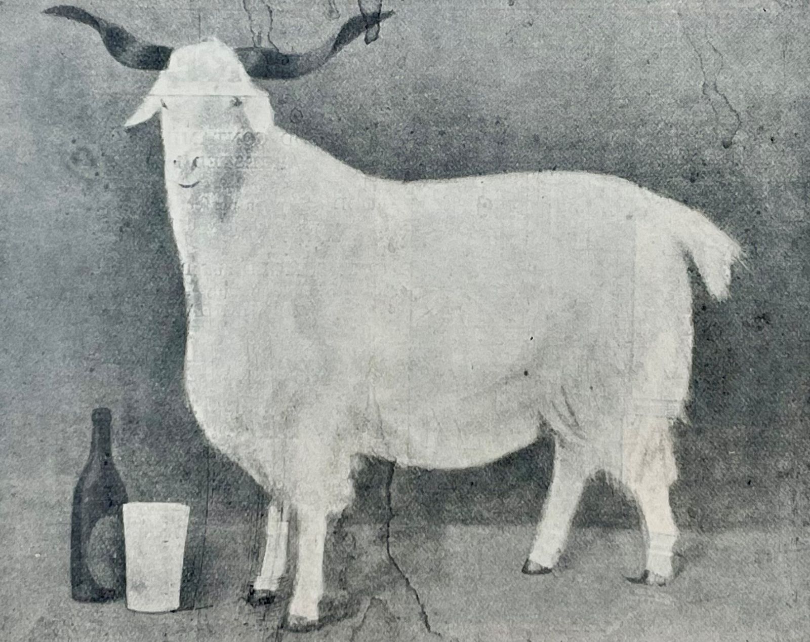 An illustration of a goat and a beer bottle next to him. 