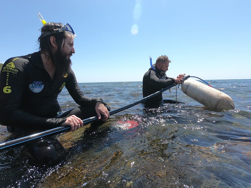 divers leaving the water. 