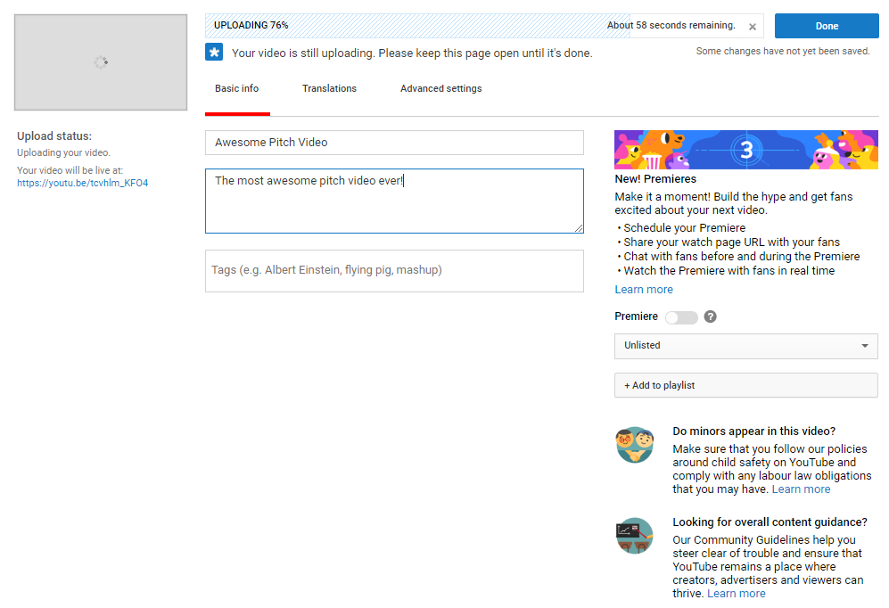 YouTube upload screen