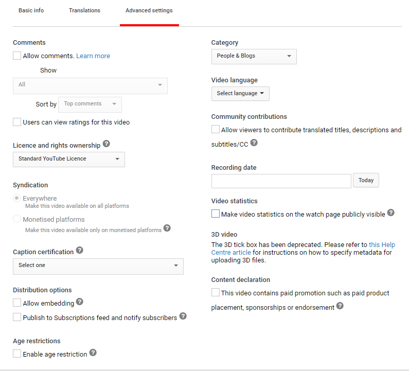 YouTube advanced settings page