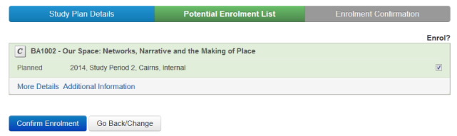 Screenshot showing Potential Enrolment List with subject available and Confirm Enrolment and Go Back/Change buttons.