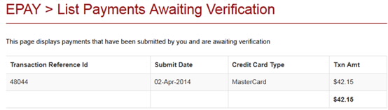 Screenshot showing example of a payment which is waiting for verification.