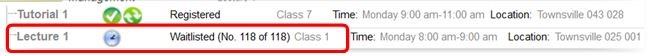 Screenshot showing the status of your wait list on the subject class registration grid.