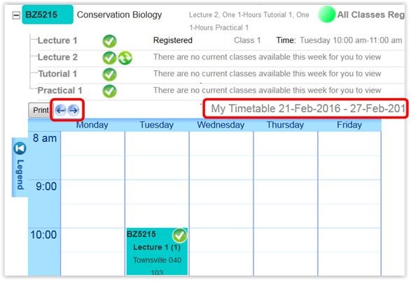 Screenshot showing Timetable Grid with back and forward arrows
