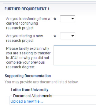 Screenshot showing some of the further requirement fields