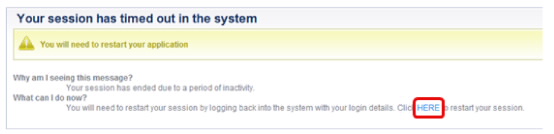 Screenshot showing that the session has timed out and you will need to restart your application.