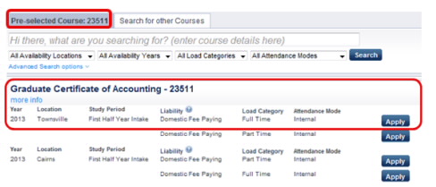 Screenshot showing pre-selected course example.