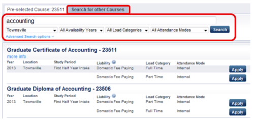 Screenshot showing Search for other Courses Example