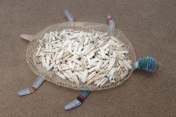 Turtle artwork made of ocean rubbish