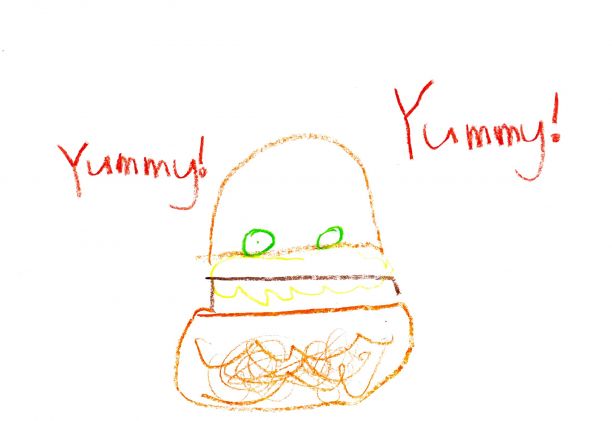 A drawing from the standard stream classroom of a burger.