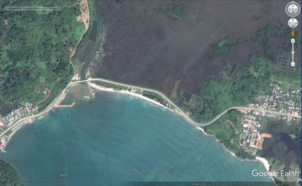 Google Earth map, The Aceh region ten years after the tsunami. The coastline has retreated, and the forest is brown with silt.