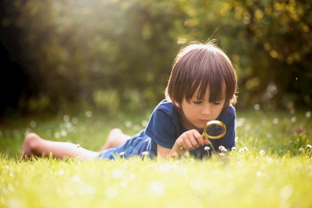 child with magnifying glass looking at grass