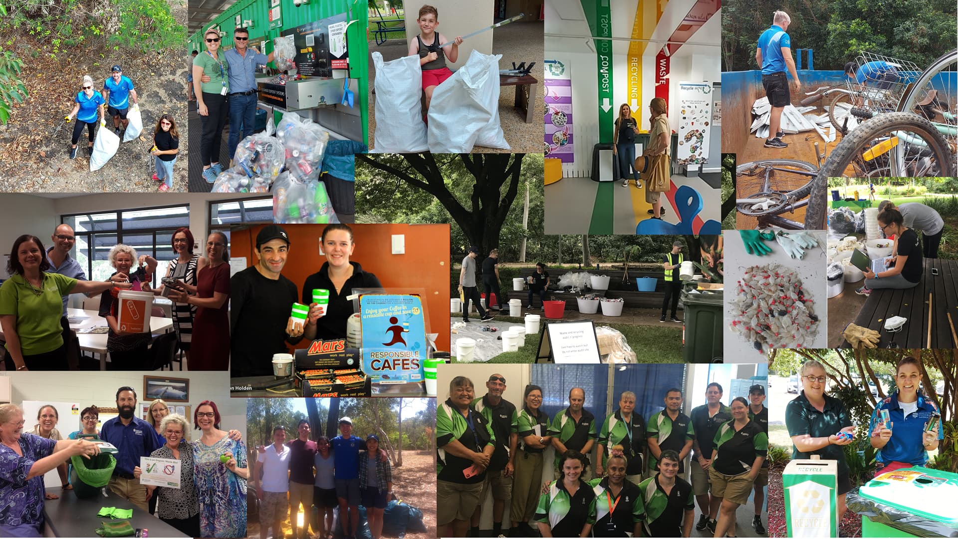 collage of students and staff picking up rubbish. 